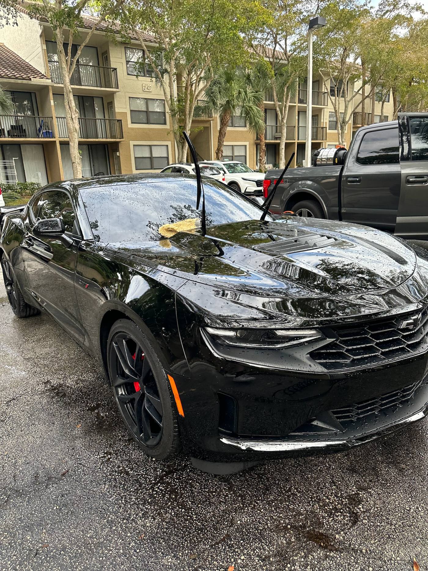 Black Chevrolet Camaro SS being washed during a mobile detail