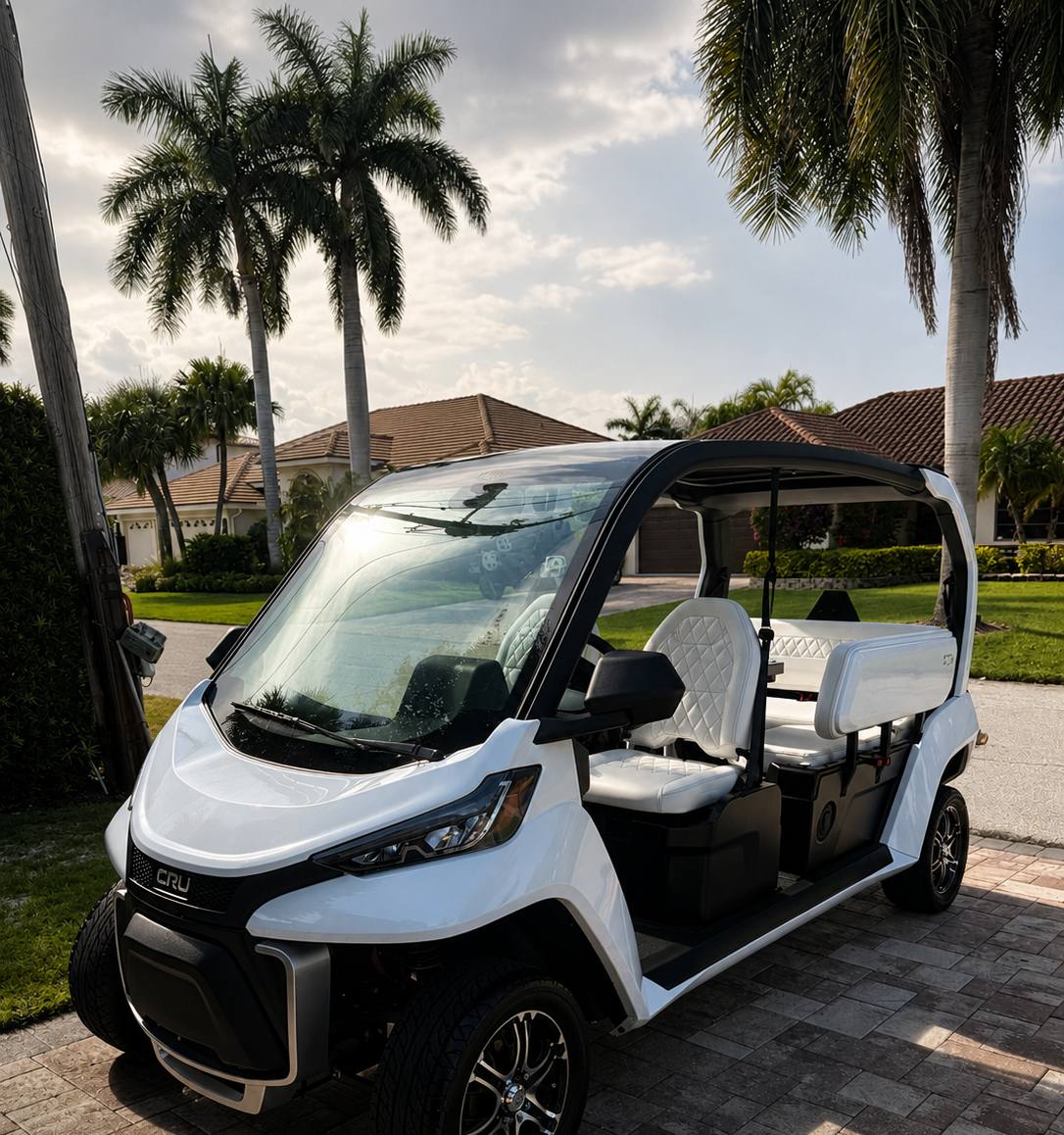White CRU golf cart after full detail