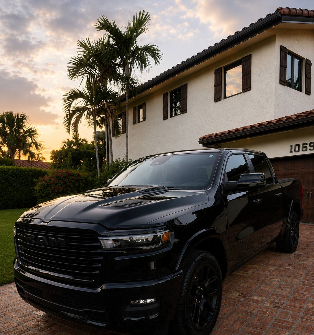 Black Ram 1500 pickup after mobile detail, sunset driveway shot
