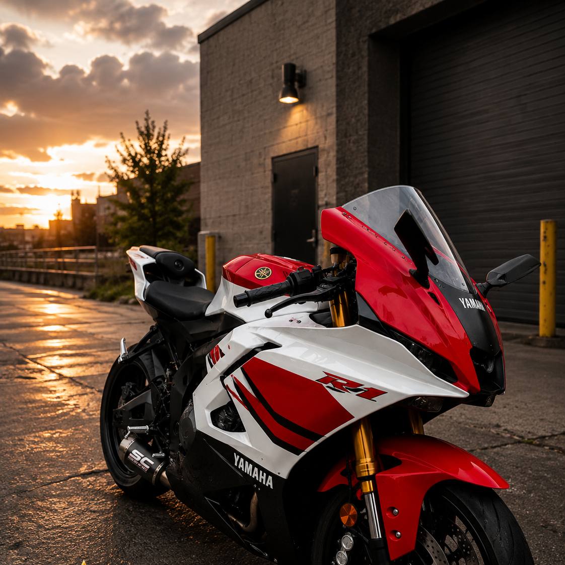 Red and white Yamaha R1 motorcycle after full detail